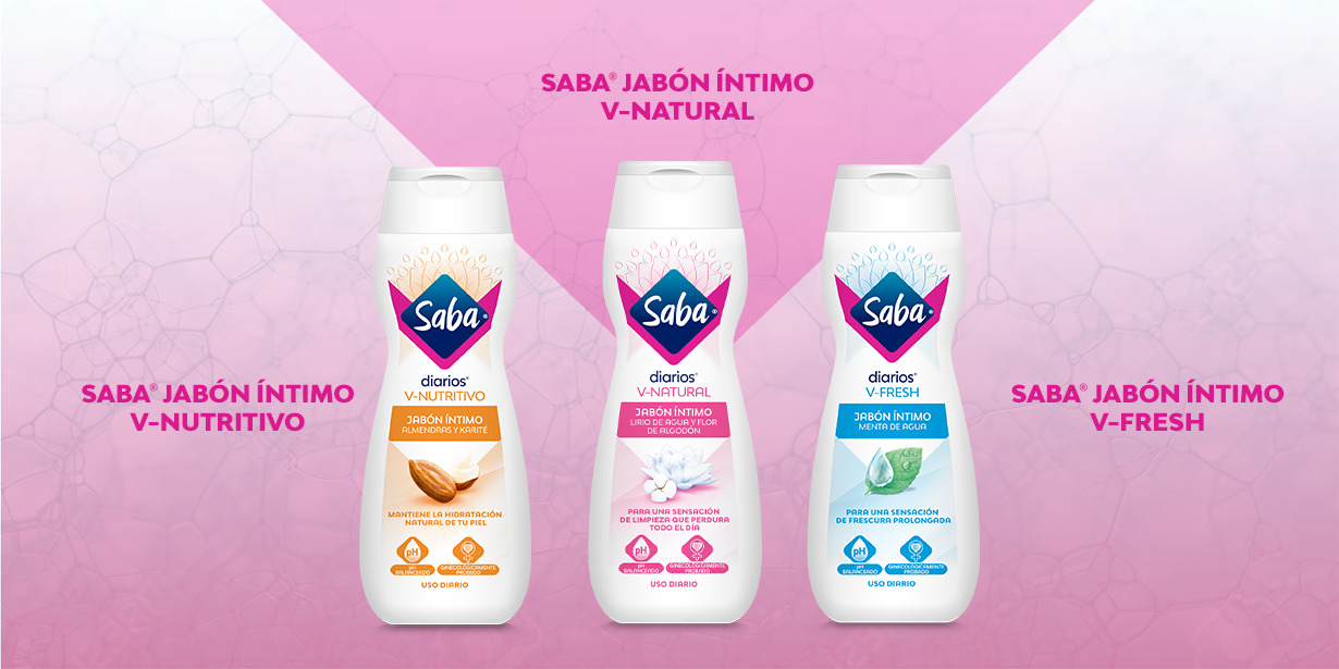 imagen de los jabones íntomos Saba sobre un fondo rosa - Saba